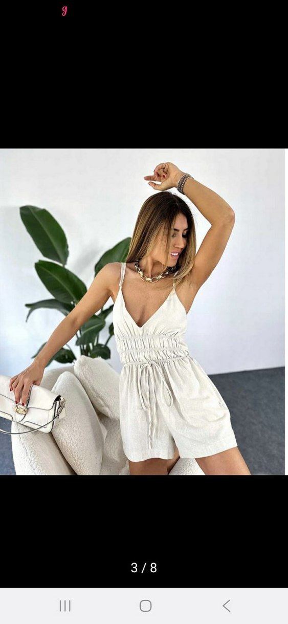 Beyaz Keten V Yaka Mini Tulum - Görsel 3