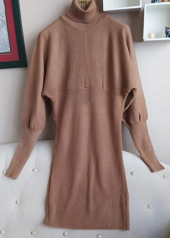 Bej Kadın Yüksek Yaka Triko Elbise - Görsel 4