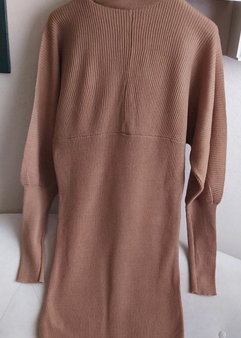 Bej Kadın Yüksek Yaka Triko Elbise - Görsel 3