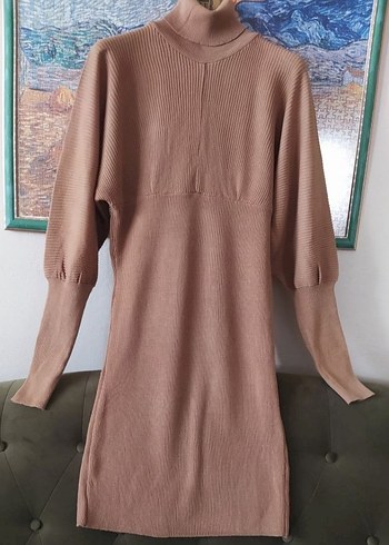 Bej Kadın Yüksek Yaka Triko Elbise - Görsel 2