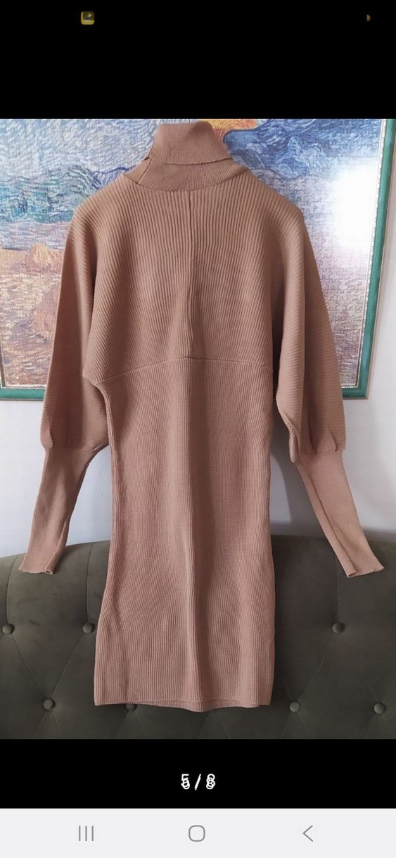 Bej Kadın Yüksek Yaka Triko Elbise - Görsel 5