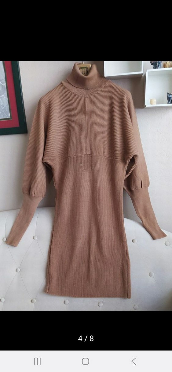 Bej Kadın Yüksek Yaka Triko Elbise - Görsel 4