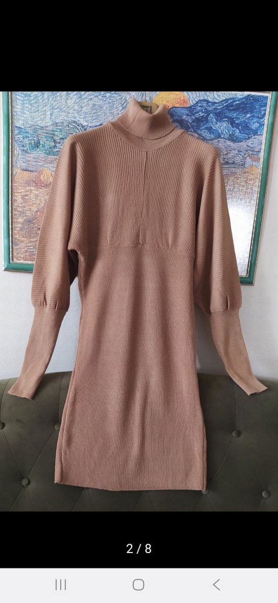 Bej Kadın Triko Midi Elbise - Görsel 2