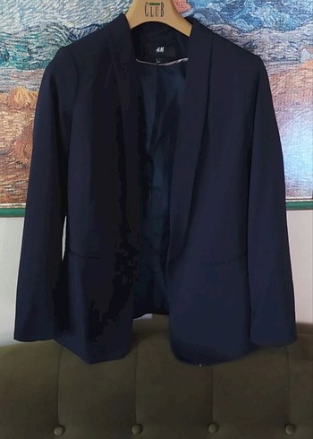 xs Beden Kadın Mavi Kemerli Midi Blazer Ceket