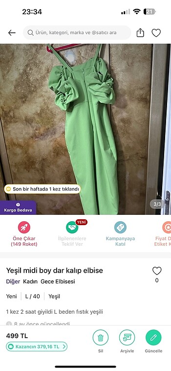 m Beden Yeşil elbise midi boy
