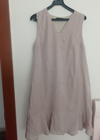 Bej Midi Keten V Yakalı Salaş Elbise