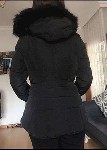 s Beden Siyah Kadın Midi Kaban, Kürk Detaylı, Sokak Stili