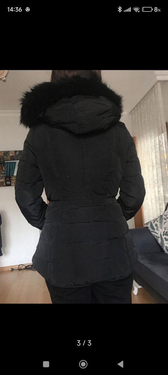 Siyah Kadın Midi Kaban, Kürk Detaylı, Sokak Stili - Görsel 3