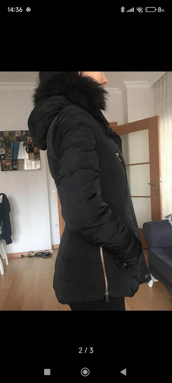 Siyah Kadın Midi Kaban, Kürk Detaylı, Sokak Stili - Görsel 2