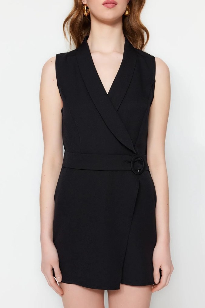 Kemerli Kruvaze Yaka Mini Tulum - Görsel 4