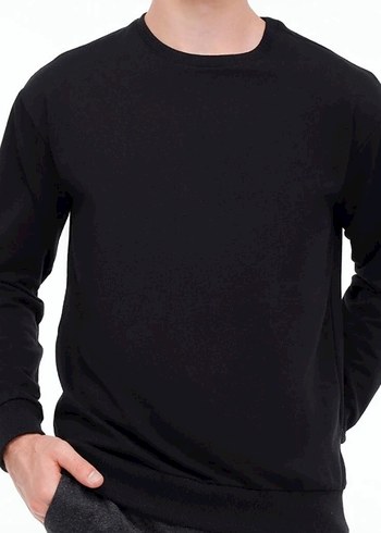 Unisex uzun kol siyah bisiklet yaka sweatshirt