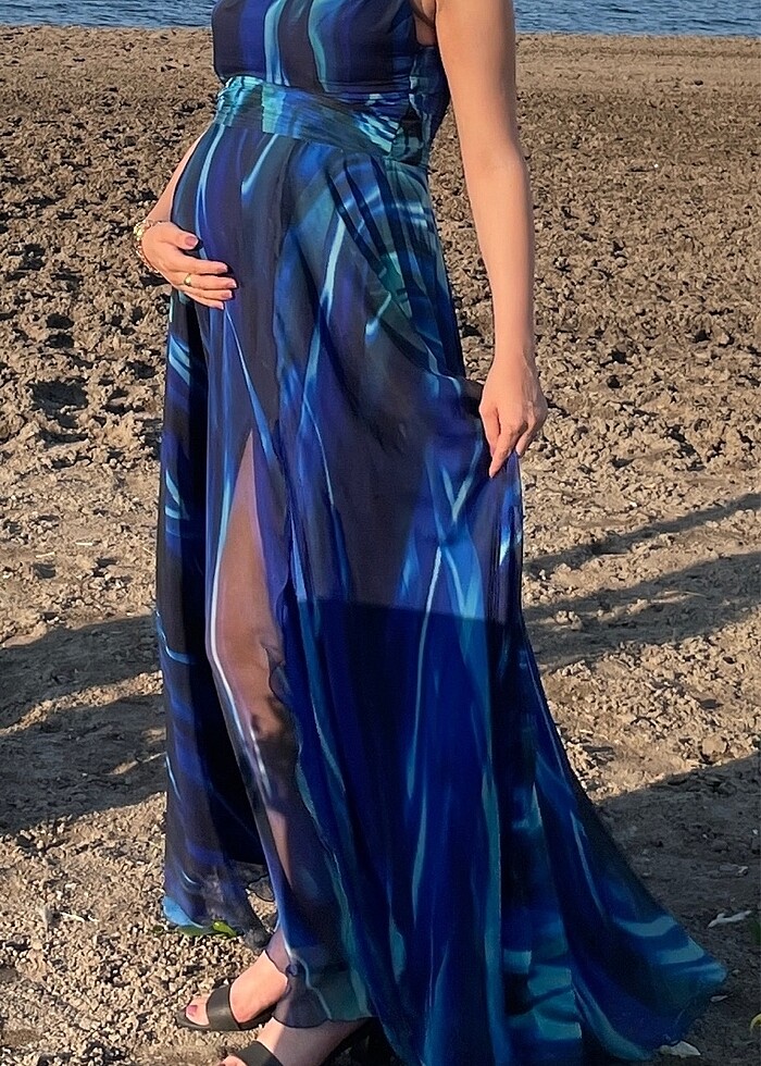 İnce ip askılı ,Mavi , uzun ,tek omuz,  şifon abiye elbise - Görsel 4