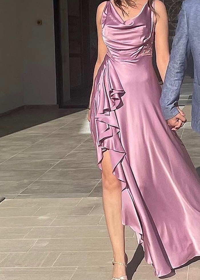 Lila-pembe işlemeli transparan uzun abiye elbise - Görsel 2