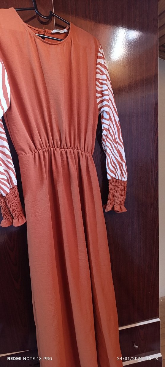 V Yaka Uzun Kollu Zebra Desenli Bohem Elbise - Görsel 3