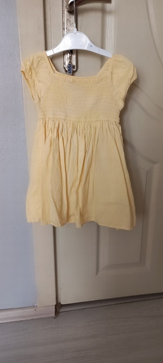 Kız Çocuk Sarı Keten Kısa Kollu Elbise - Görsel 2