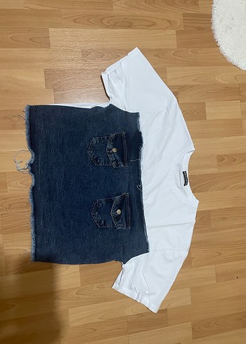 Kadın Beyaz Kot Mini Tişört - Görsel 2