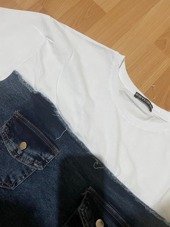 Kadın Beyaz Kot Mini Tişört - Görsel 4