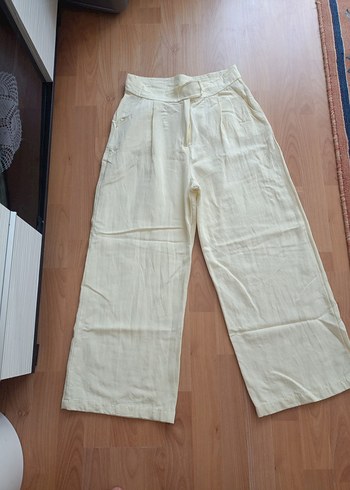 Sarı Keten Rahat Kesim Midi Kadın Pantolon