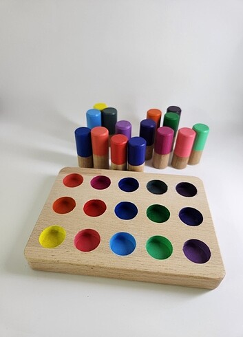 Montessori eğitici renkli ahşap silindir esleştirme 