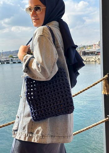  Beden gri Renk Lacivert Örgü Kadın Omuz Çantası