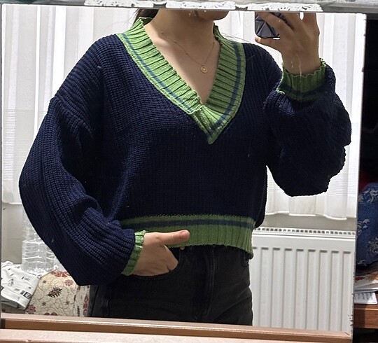 Kadın lacivert yeşil Trendyol crop kazak