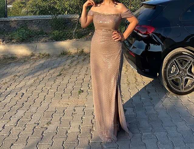Saygın Vizon Rengi Taşlı Şık Abiye Gece Elbisesi