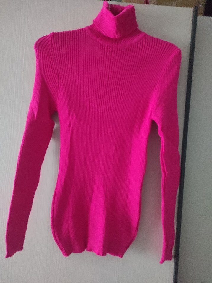 Pembe Kadın Boğazlı Triko Kazak - Görsel 2