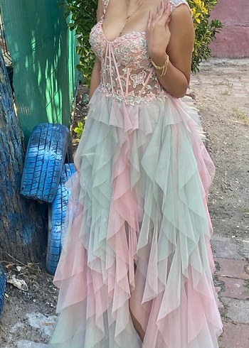 Bohem Stil Pastel Renkli Uzun Kat Katlı Elbise