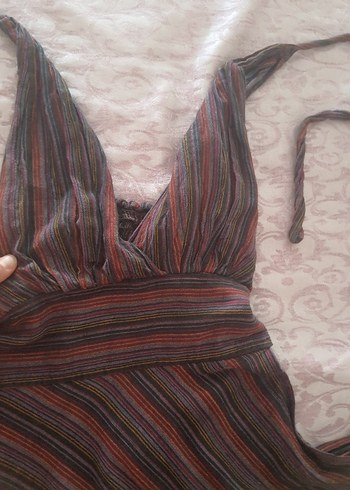 s Beden kahverengi Renk Bohem Tarz Midi Halter Elbise