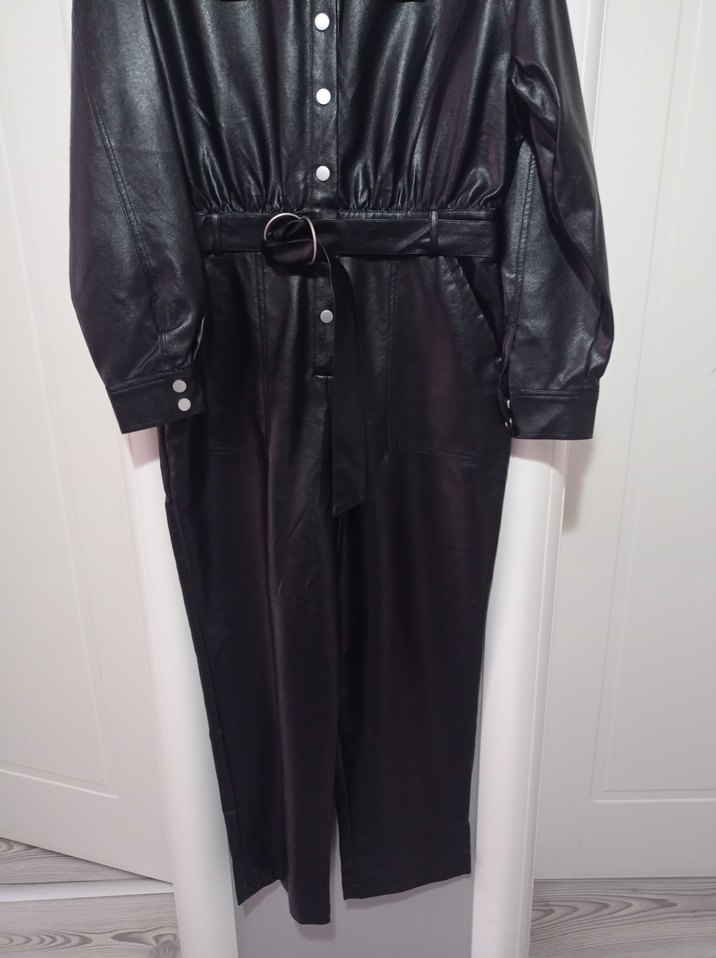 Kadın Siyah Deri Uzun Tulum - Görsel 5