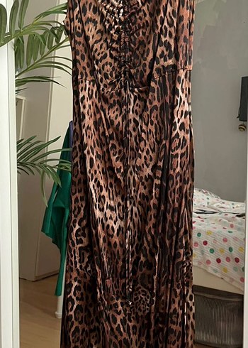 Kahverengi Leopar Desenli Uzun Elbise - Görsel 3