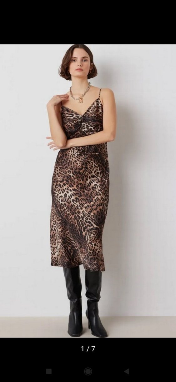 Kahverengi Leopar Desenli Uzun Elbise - Görsel 2