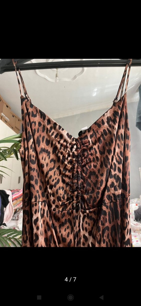 Kahverengi Leopar Desenli Uzun Elbise - Görsel 4