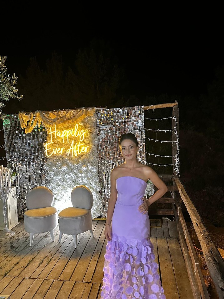 Dantel Detaylı Uzun Mor Straplez Kadın Elbise - Görsel 3