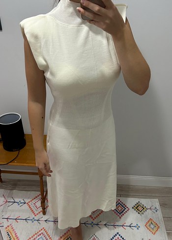 Vintage Love Beyaz Bohem Midi Triko Elbise