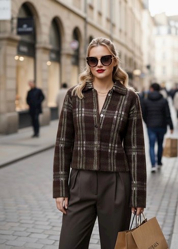 Düğmeli Ekoseli Kahverengi Kadın Ceket - Görsel 3