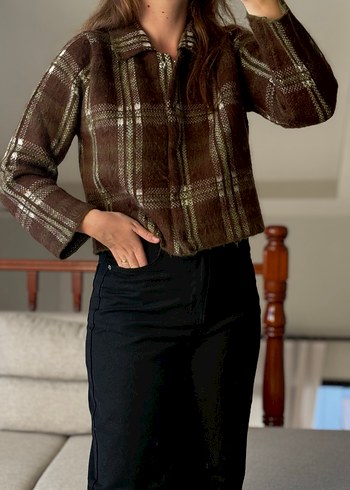 Düğmeli Ekoseli Kahverengi Kadın Ceket - Görsel 2