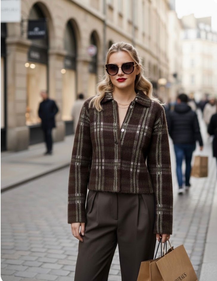 Düğmeli Ekoseli Kahverengi Kadın Ceket - Görsel 3