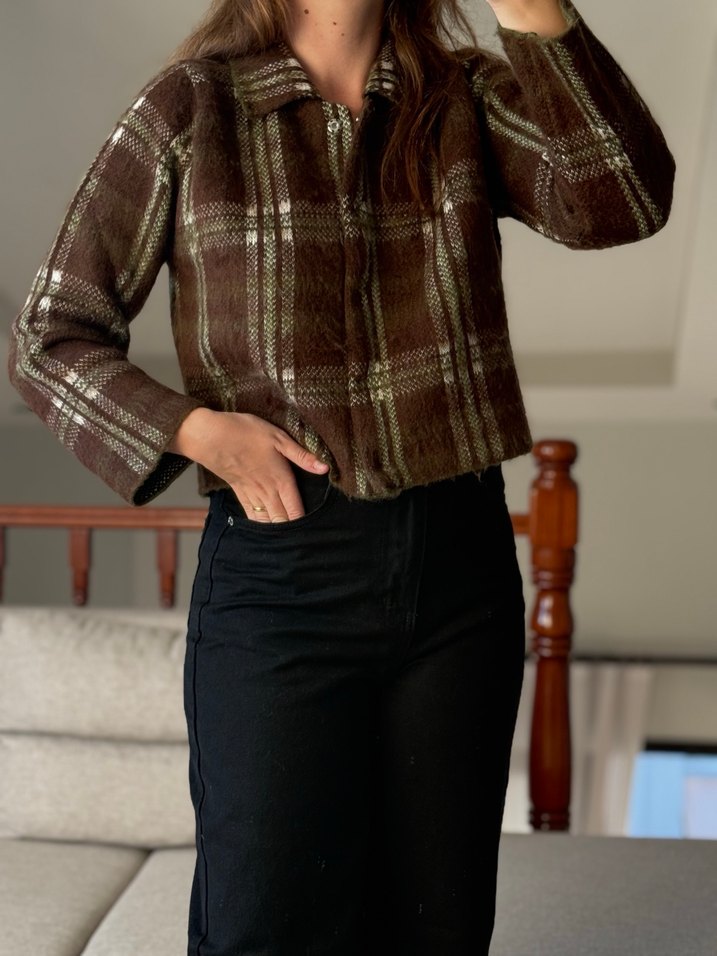 Düğmeli Ekoseli Kahverengi Kadın Ceket - Görsel 2