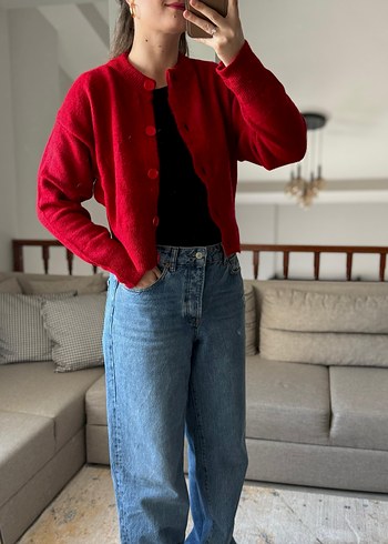 Kırmızı Düğmeli Kadın Triko Hırka - Görsel 4