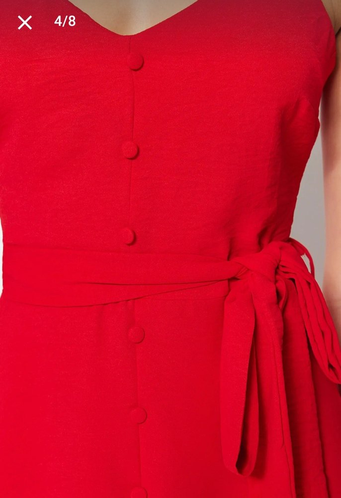 Kırmızı V Yakalı Uzun Askılı Elbise - Görsel 3