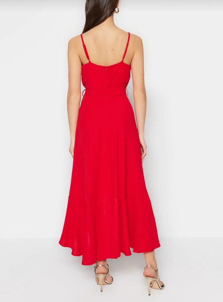 Kırmızı V Yakalı Uzun Askılı Elbise - Görsel 2