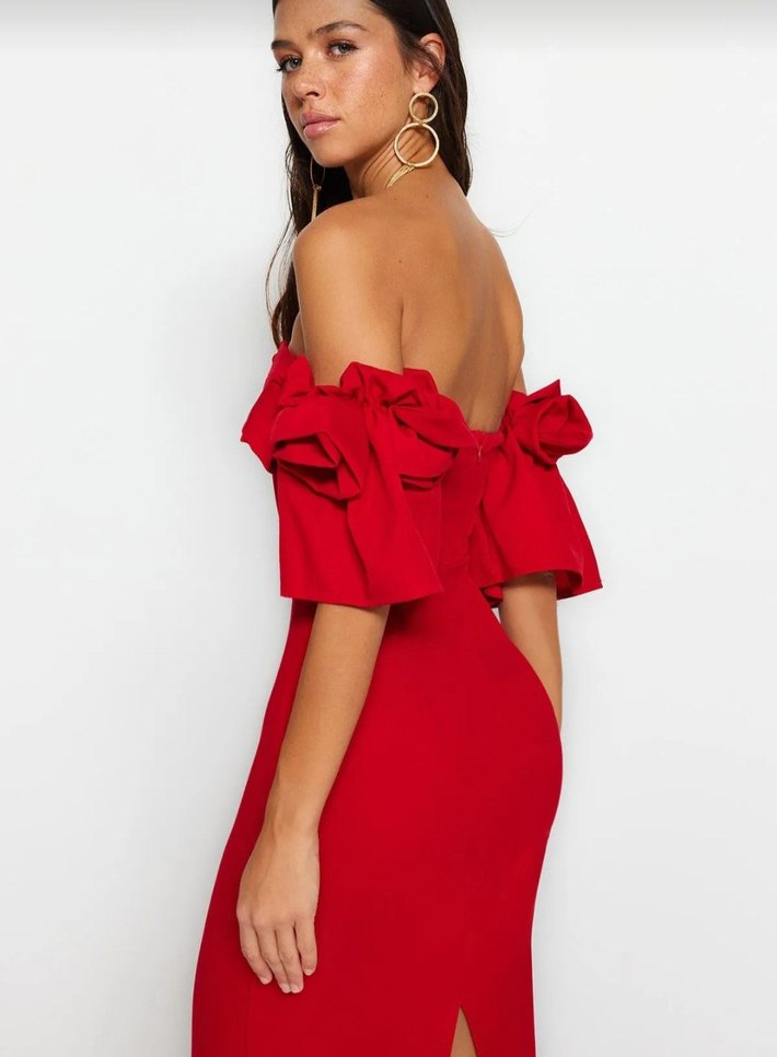 Kırmızı Straplez Uzun Kalem Elbise - Görsel 3
