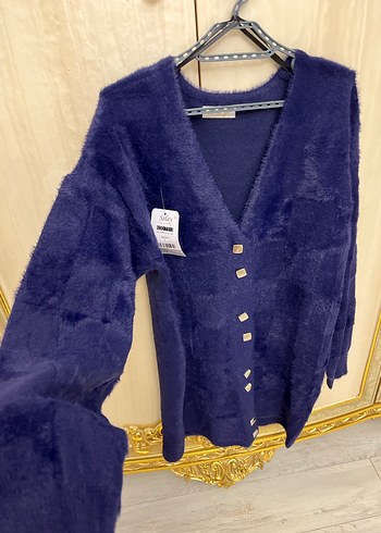 Angora hırka Kürk Detaylı Uzun Kollu Mavi Hırka