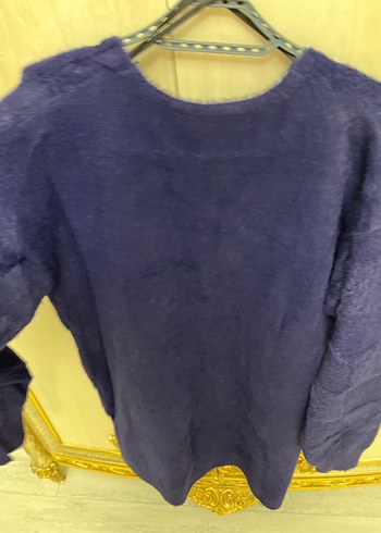Mango Angora hırka Kürk Detaylı Uzun Kollu Mavi Hırka