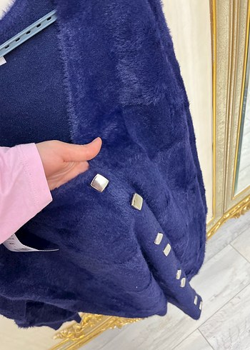 l Beden Angora hırka Kürk Detaylı Uzun Kollu Mavi Hırka