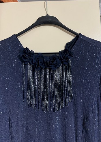 Lacivert Payetli Uzun Kadın Abiye Elbise - Görsel 3