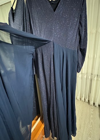 Lacivert Payetli Uzun Kadın Abiye Elbise - Görsel 4