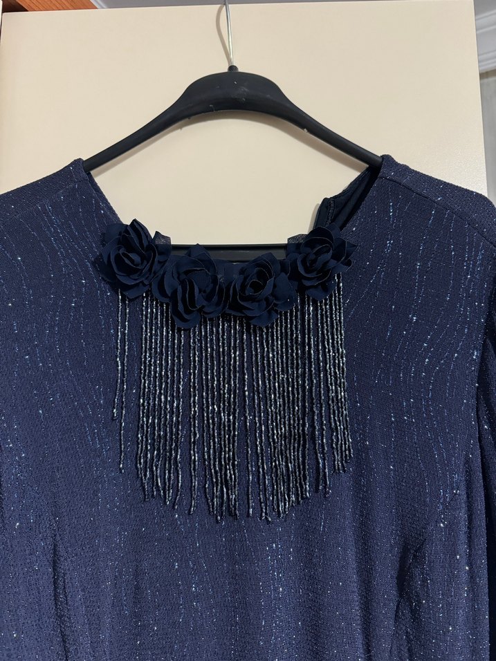 Lacivert Payetli Uzun Kadın Abiye Elbise - Görsel 3