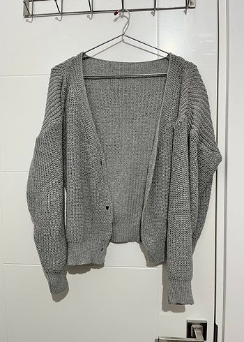 Gri V Yaka Örgü Kadın Hırka / Yelek - Görsel 3